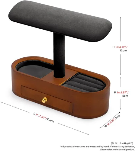 Vista 7 de Oirlv Soporte de reloj de madera maciza con cajón, soporte para reloj con barra en T, organizador para hombres y mujeres, brazalete de exhibición