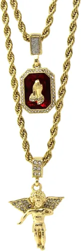 Vista 2 de Conjunto cadena estilo cordón D463 de 24" y 30" y colgante estilo Hip-Hop de CZ, conjunto de rubí colgante y ángel dorados para hombre