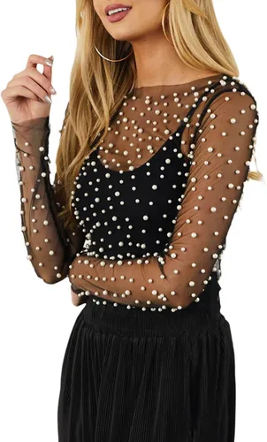 Vista 2 de Camisa de perlas de manga larga de malla transparente para mujer