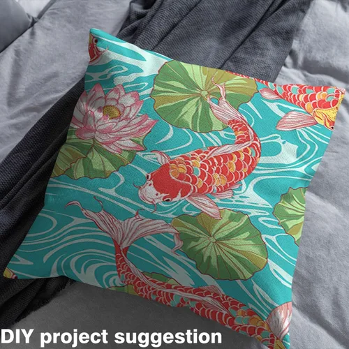 Vista 4 de Koi Fish - Tela de tapicería para sillas, tela tradicional japonesa para exteriores, tela decorativa con estampado de hojas de loto Botanicla