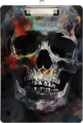 Vista 2 de Vnurnrn Portapapeles de plástico de calaveras coloridas con gancho tamaño A4 12,5 x 9 pulgadas clip de oro para la oficina de dibujo