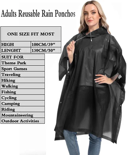 Vista 3 de Ponchos de lluvia reutilizables con capucha con cordón para adultos, abrigo de lluvia grueso impermeable, 2 paquetes