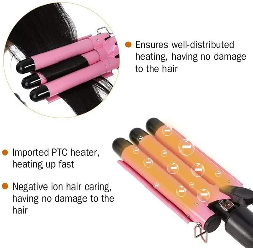 Vista 3 de MODVICA varita de rizar de 3 cilindros 26mm ondulador de pelo temperatura ajustable rizador de pelo de cerámica (rosa)