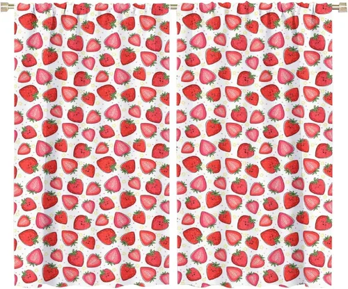 Vista 14 de Cortinas bohemias con diseño de fresas, bonitas cortinas bohemias con bolsillo para barra de fruta, tratamiento de ventana para cocina, sala