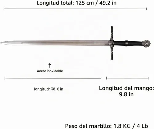 Vista 2 de Espada de acero plateado de Geralt de metal completo de 125cm/48.8 pulgadas, acero inoxidable, espada plateada de lobo blanco Aerondight hecha a