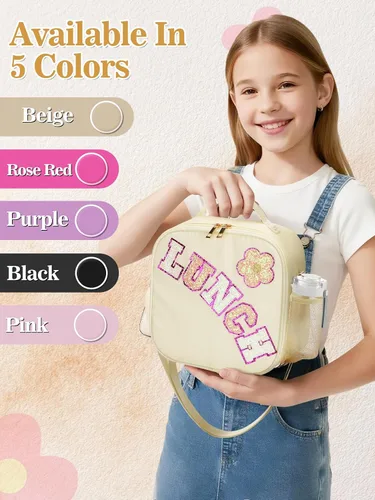 Vista 7 de Bolsa de almuerzo aislada para niños con correa ajustable para niñas, color beige Easy to Clean, Reusable Large Lunch Bag, Holds Lunch Box Snack