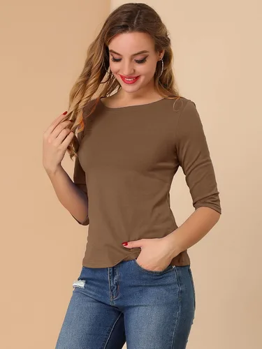 Vista 2 de Allegra K Camisetas casuales con cuello redondo y manga de codo para mujer, blusas ajustadas a la moda