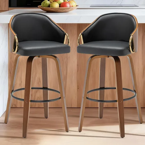 Vista 19 de Taburetes de bar giratorios de 24.8 pulgadas, taburetes de bar de cuero negro, sillas de bar modernas de mediados de siglo con patas de madera