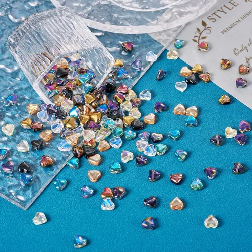 Vista 5 de 180 cuentas de cristal galvanizadas con forma de corazón de amor, cuentas espaciadoras de corazón pequeño, cuentas transparentes para San Valentín