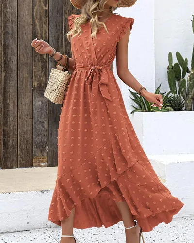 Vista 6 de BTFBM Vestido de verano cruzado con cuello en V para mujer, manga con volantes, lunares suizos, bohemio, con volantes, abertura en la playa, fiesta