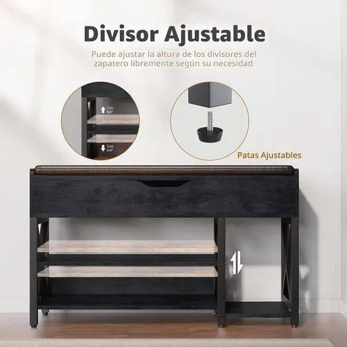 Vista 2 de Banco de zapatos, banco de almacenamiento de zapatos con parte superior elevadora, banco de entrada ajustable con cojín acolchado para entrada