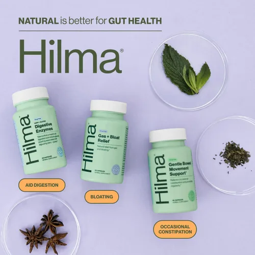 Vista 5 de Hilma Daily Movement Duo para el alivio del estreñimiento y la hinchazón en mujeres, Gas Plus para alivio de la hinchazón (50 cápsulas veganas)