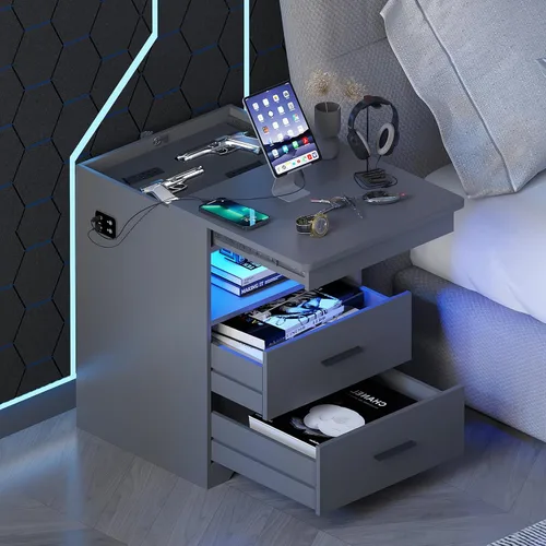 Vista 10 de 2 Set LED Nightstand with Charger Station & Gun Drawer & Auto Sensor, Black Negro juego de 2