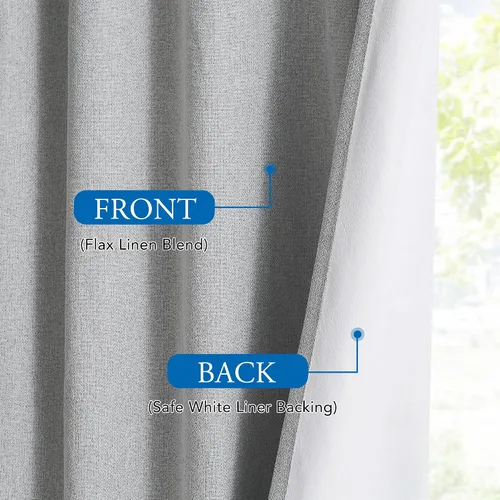 Vista 3 de Beauoop Cortinas de lino 100% opacas de 63 pulgadas de largo, 2 paneles para dormitorio, sala de estar, gris con parte trasera blanca