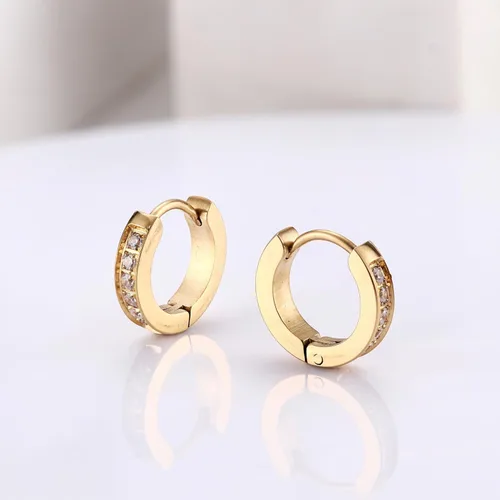 Vista 6 de FIBO STEEL Aretes de aro pequeños de acero inoxidable de 0.512 in y 0.787 in para hombres y mujeres, aretes Huggie con incrustaciones de circonita