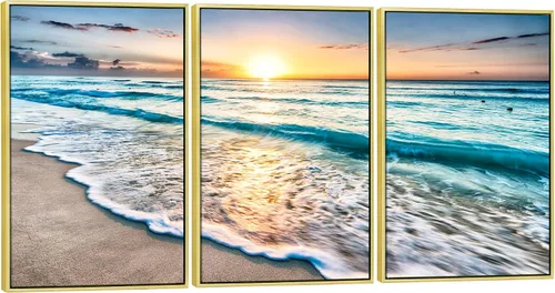 Vista 11 de Wieco Art Lienzo enmarcado para pared, 3 paneles de playa azul para decoración del hogar, puesta de sol, olas de playa, imágenes sobre lienzo