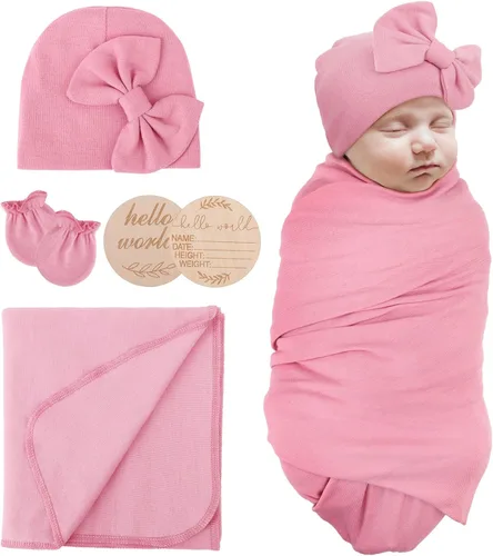 Vista 19 de AQOKKA Manta de Recepción para Recién Nacido con Gorro de Lazo Mitones Juego de Tarjetas de Madera para Recién Nacidos Niños Pequeños Bebé Niño Niña