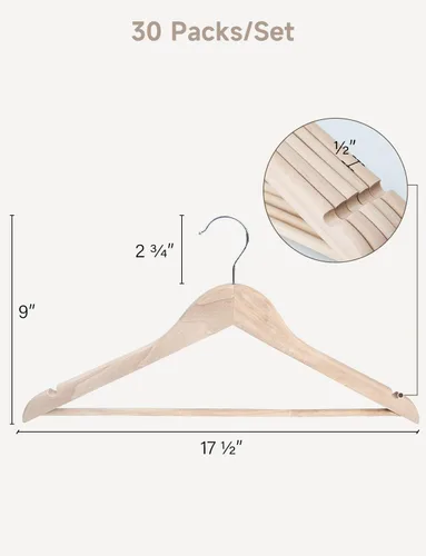 Vista 2 de StorageWorks - Perchas de madera, paquete de 30 perchas de madera de loto con barra para pantalones Perchas de madera de loto maciza, superficie