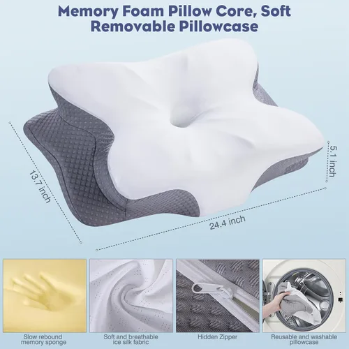 Vista 4 de Almohada cervical para el cuello, almohada de espuma viscoelástica para apoyo y alivio del dolor, almohada ergonómica de contorno para dormir