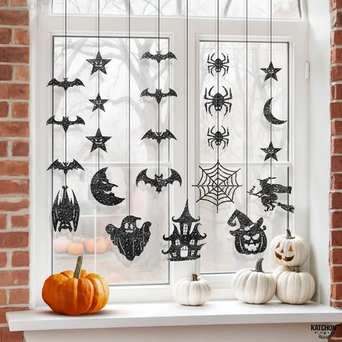 Vista 3 de KatchOn, Guirnalda de Halloween negra con purpurina, enorme, paquete de 10 unidades, guirnalda de decoración de fiesta de Halloween con recortes