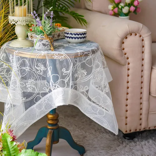 Vista 4 de ARTABLE Mantel de encaje blanco para boda, dobladillo de organza, cuadrado, pequeño, rectangular, vintage, para el hogar, fiesta al aire libre