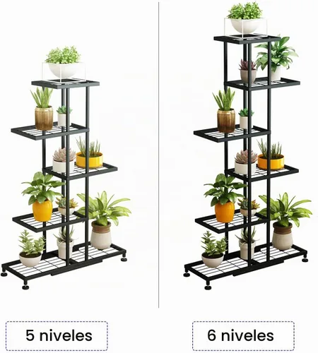 Vista 5 de Twhep Soporte para plantas de hierro de 5 niveles, moderno estante multifuncional para balcón y jardín Macetas negras de 5 niveles 11
