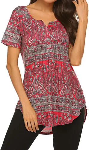Vista 2 de Blusón plisado de manga corta con estampado floral y cuello Henley en V para mujer, con vuelo.