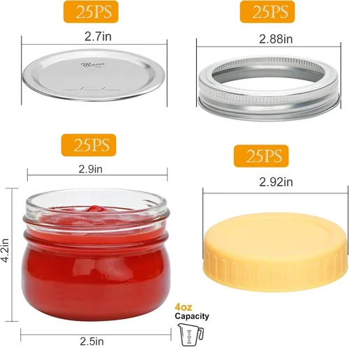 Vista 2 de Tarros pequeños de 4 onzas, paquete de 25 frascos de conservas pequeños con tapas regulares para especias, mermelada, miel, gelatina, postre