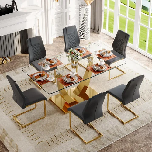 Vista 18 de Juego de mesa de comedor de cristal de 63 pulgadas para 4, mesa de comedor para 4, mesa de comedor con patas y base de acero inoxidable, sillas
