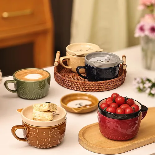 Vista 6 de Linda Taza de Cerámica para Gatos con Tapa, Tazas de Café Kawaii o Tazas de Té para Amantes de los Gatos, Tazas Divertidas de Novedad