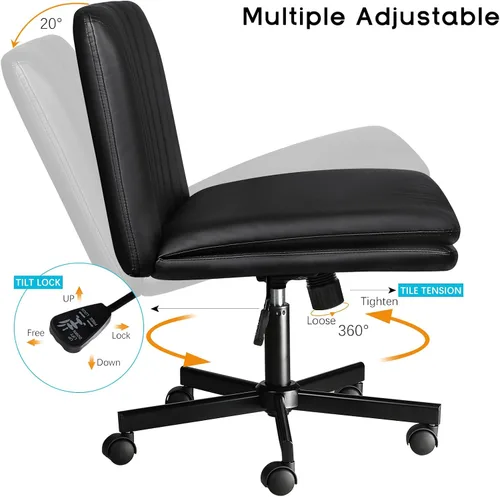 Vista 7 de Silla de oficina moderna negra entrecruzada, cómoda silla de escritorio con patas cruzadas con ruedas, silla de tocador de maquillaje sin brazos