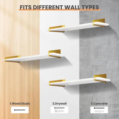 Vista 7 de upsimples Estantes de pared para decoración, estantes flotantes largos de oro blanco para montar en la pared, estantes de madera rústica resistentes