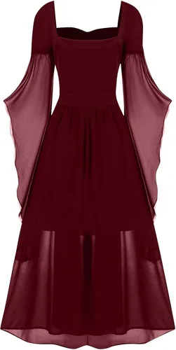 Vista 2 de Vestido punk gótico para mujer, conjunto bohemio gótico de cintura alta, vestido de hada, vestido de manga de mariposa con hombros descubiertos
