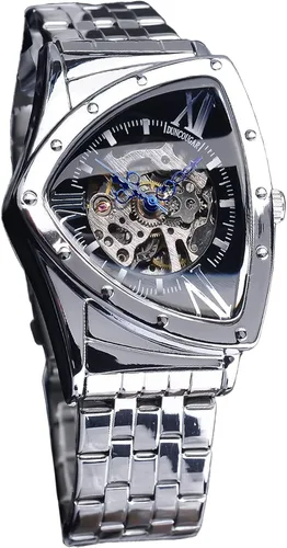 Vista 10 de FORSINING Triangle Skeleton Reloj mecánico automático para hombre, de lujo, dorado, negro, acero inoxidable, impermeable, luminoso, reloj de pulsera
