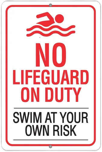 Vista 10 de Letrero de metal con texto en inglés «No Lifeguard on Duty, Swim At Your Own Risk– Uso en interiores y exteriores – Aviso de seguridad en el agua