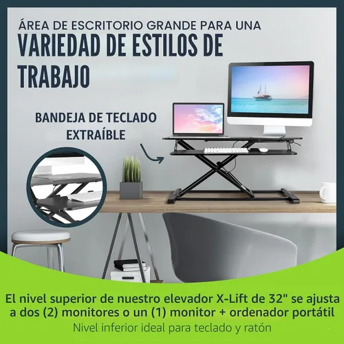 Vista 4 de TechOrbits - Convertidor de escritorio de pie, regulable, para sentarse y pararse, aglomerado, monitor dual con bandeja para teclado, para laptop