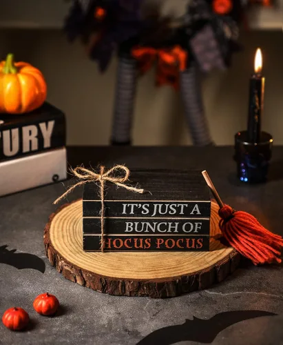 Vista 6 de Pila de libros de madera de Halloween, paquete de libros falsos Hocus Pocus, bandeja escalonada de Halloween para decoración de mesa del hogar