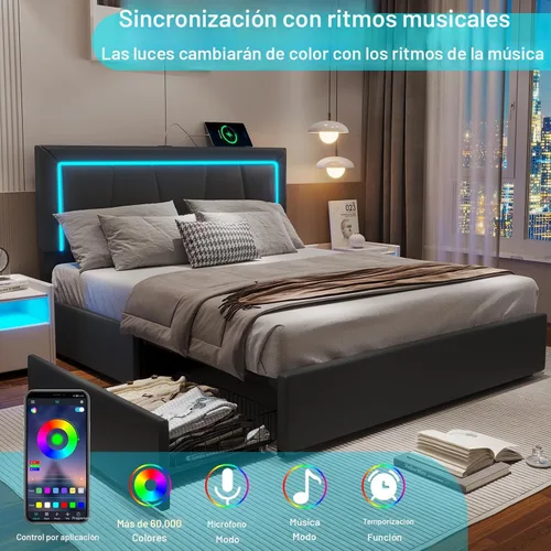 Vista 3 de Marco de cama Full con 4 cajones de almacenamiento debajo, cama de plataforma tapizada tamaño Full con cabecera de cuero artificial, cama moderna