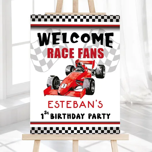 Vista 4 de Race Car Birthday Welcome Sign for Boys, Custom Racing Truck Theme Party Decoration, Personalized Red Sports Car Poster, Kid’s Age Banner for Race
