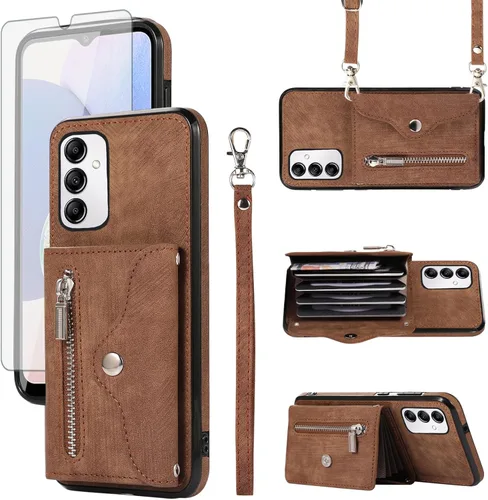 Vista 9 de Funda para teléfono Samsung Galaxy A14/M14 5G con protector de pantalla de vidrio templado y correa cruzada para la muñeca, cordón para el hombro