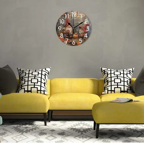 Vista 2 de Reloj de pared redondo retro de otoño con dos gnomos y calabaza de 10 pulgadas, funciona con pilas, reloj de escritorio analógico silencioso sin