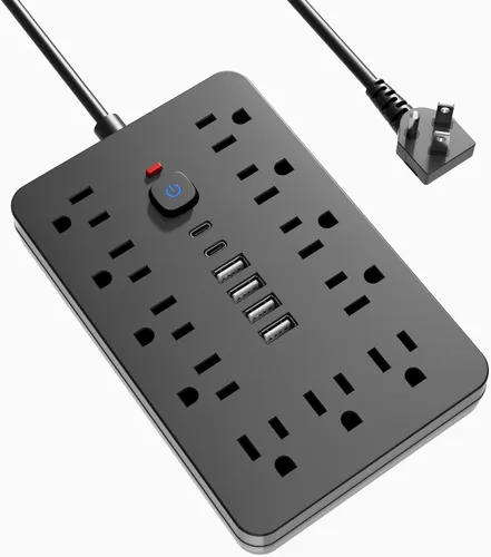 Vista 8 de Protector de sobretensiones - Enchufe de pared con múltiples tomas de corriente alterna, 6 puertos USB (2 USB C), cable de extensión corto negro