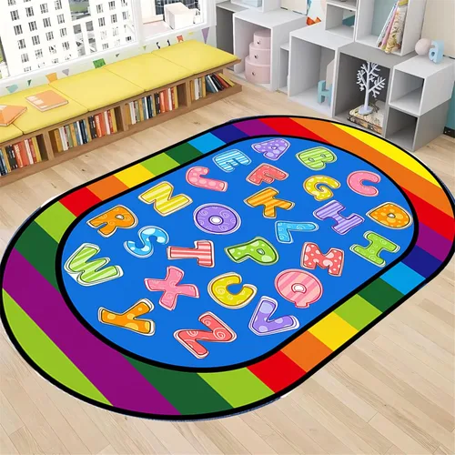 Vista 11 de Tapete de aprendizaje educativo para niños, 3 x 4 pies, tapete decorativo con diseño de planeta y alfabeto ABC, ovalado, grande, antideslizante