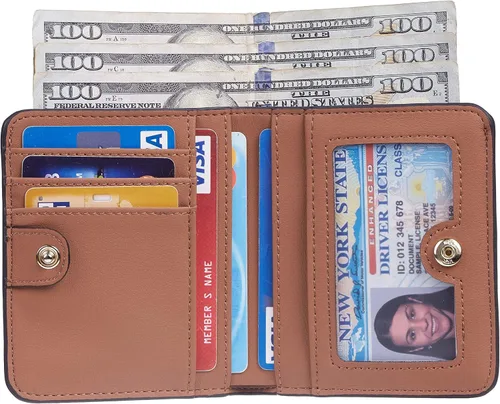 Vista 3 de Gostwo - Cartera compacta de piel genuina de lujo para mujer con bloqueo de RFID y ventana de identificación