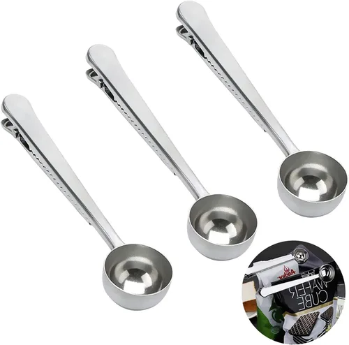 Vista 9 de Cuchara de café con clip de cucharada de acero inoxidable Cuchara de café con mango largo multifunción Bolsa de sellado Clip para té, café, proteína