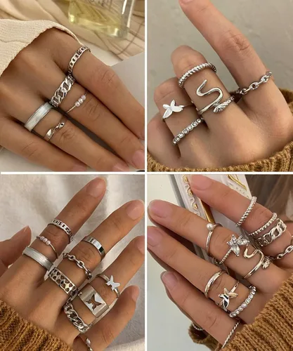 Vista 3 de Juego de 30 anillos de nudillos dorados vintage, bohemios, de serpientes mariposa, apilables, para mujeres y niñas anillos midi, plateados