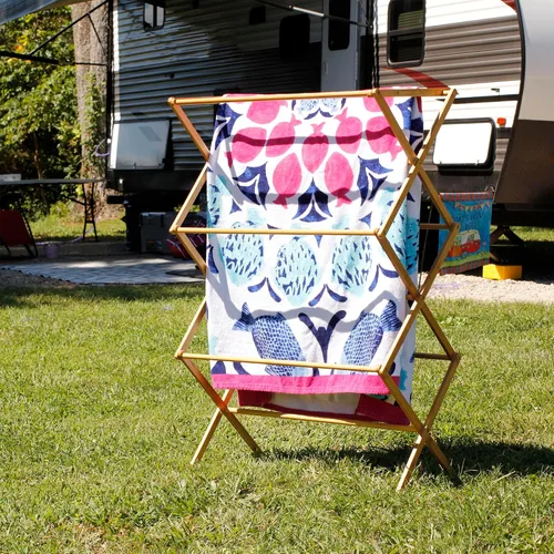 Vista 9 de Household Essentials Estante de secado de ropa plegable de bambú, estante de lavandería de lujo con 11 clavijas, respetuoso con el medio ambiente