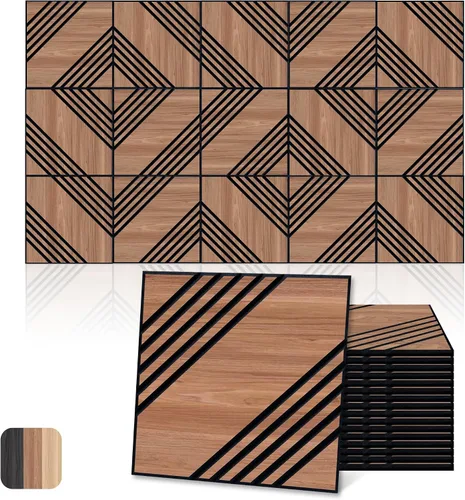Vista 10 de Paneles acústicos, decoración de grano de madera de PVC, azulejos de pared con patrón tallado de 12 x 12 pulgadas, autoadhesivos para reducción