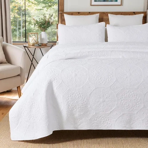 Vista 12 de Brandream juego de cama de lujo de 3 piezas, color blanco, de gran tamaño, juego de edredón, tamaño queen