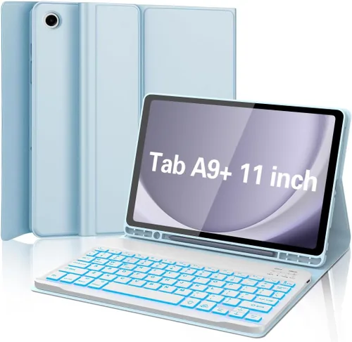 Vista 9 de Funda para Galaxy Tab A9 Plus con teclado 5G de 11 pulgadas 2023 (SM-X210/X216/X218), funda de teclado de tableta desmontable retroiluminada de 7